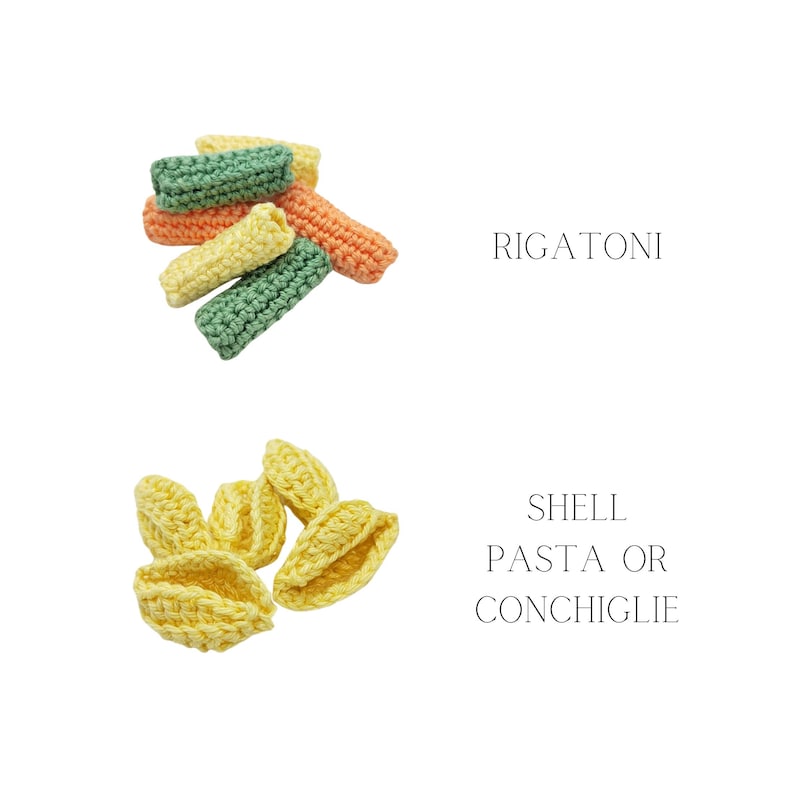 K&ouml;nnte beinhalten: Geh&auml;kelte Nudelformen, darunter Rigatoni und Muschelnudeln, in verschiedenen Farben, darunter Gr&uuml;n, Orange und Gelb.