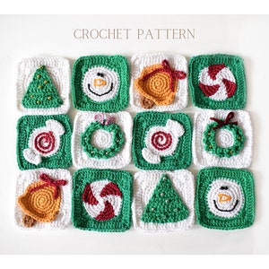 May include: Twelve crochet squares featuring various Christmas themes, including a snowman, a candy cane, a bell, a wreath, and a Christmas tree. The squares are made with white and green yarn.