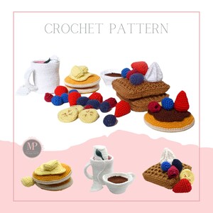 K&ouml;nnte beinhalten: H&auml;kelmuster f&uuml;r ein Fr&uuml;hst&uuml;cksset mit Tasse, Pfannkuchen, Waffeln und Obst. Das Set ist aus Garn in verschiedenen Farben gefertigt, darunter Braun, Gelb, Rot und Blau.