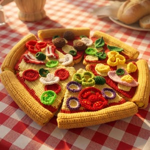 May include: A crocheted pizza pie divided into several slices, featuring a golden-yellow crust, a red sauce base, and various colorful toppings including red tomato slices, green peppers, white mushrooms, and brown meatballs, all crafted from yarn.