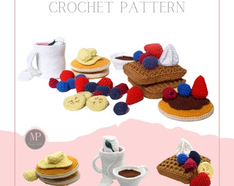 Patrón de desayuno de crochet, Patrón de comida de crochet, Patrón de panqueques de crochet, Patrón de gofres de crochet, Patrón de bayas de crochet, Comida de juego de crochet