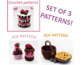 Patrones de comida de juguete a crochet: Tarta de fresa, pastel y cesta (patrón en PDF)