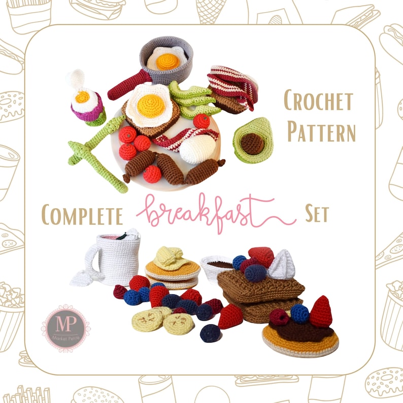 K&ouml;nnte beinhalten: H&auml;kelanleitung f&uuml;r ein komplettes Fr&uuml;hst&uuml;cksset, bestehend aus einer Tasse, Pfannkuchen, Avocado-Toast, Speck, Eiern, W&uuml;rstchen und Obst. Die Anleitung ist zum Download verf&uuml;gbar.
