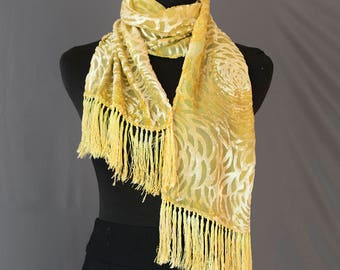 Plant-dyed, Hand-dyed, Silk Cut Velvet Fringed Scarf with Osage Orange and Tansy