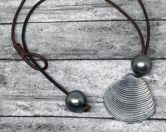 13 mm Tahitian Pearl and leather necklace, shell necklace, Tahitian Pearl necklace, Tahitian Pearl jewelry, shell necklace, beachy necklace