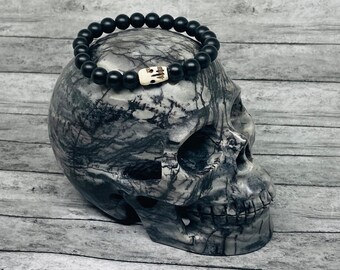 Mala bone skull bracelet, black bead bracelet, skull bracelet, bone bracelet, unisex bracelet, real animal bone hand carved skull