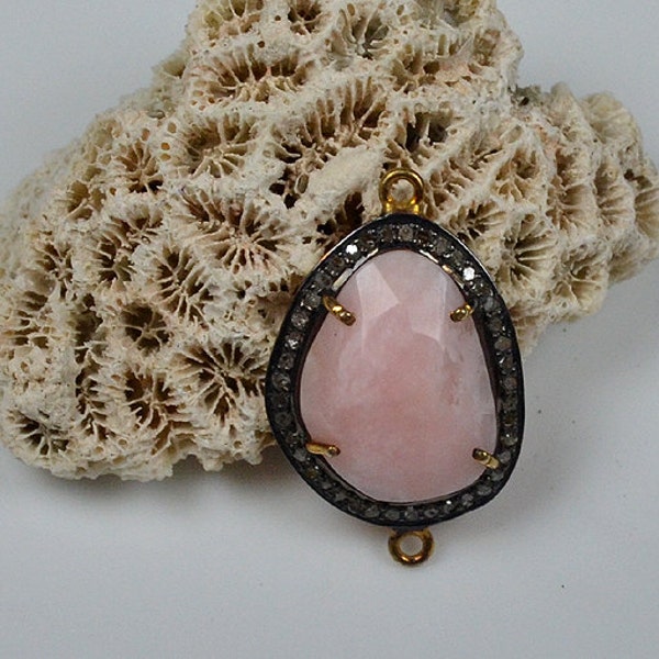 Faceted Pink Opal  Pave Diamond Connector 18K Gold Vermeil Double Bail Charm Pendant,Jewelry, Faceted Pink Opal Connector,Handmade connector