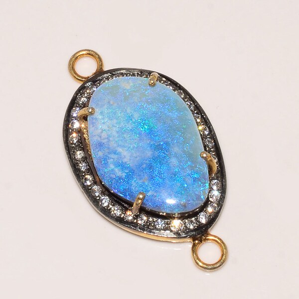 Bracelet Finding 1 Pcs 22k Gold Vermeil Australian OPAL DOUBLETS Cabochon with White CZ Pave Diamond Setting Gemstone Link Connector,