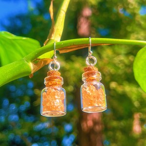 Crystal Spell Bottle Earrings | Rose Quartz Gemstones + Mini Glass Cork Top Jars  // Fairy Witchy Love Potion Magic Handmade Healing Jewelry