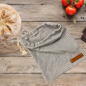 Bread Bag, Blue White Stripe Linen, Bread Bag for Homemade Sourdough Bread, Reusable Produce Bag, Food Storage Made in USA, Bread Baker Gift