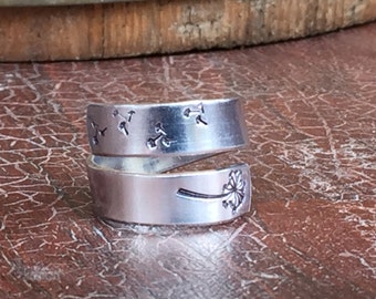 make a wish ring dandelion with fluff 1/4&quot; Wide Double Wrap Smooth, Organic Texture Artisan Handmade Custom Jewelry Sizes 3-14