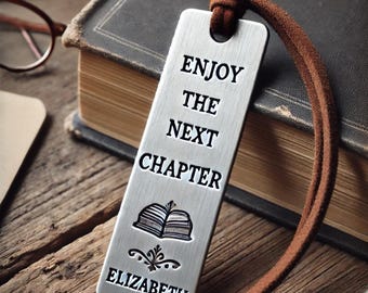 Personalized Nickel Bookmark, Retirement Gift for Book Lover, Engraved Enjoy the Next Chapter - Custom Name, Suede Cord, Appreciation Gift