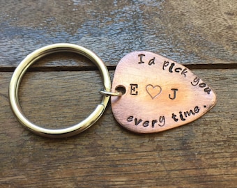 I'd Pick You Every Time - Initials - Heart - Antique Distressed Copper Guitar Pick Hand Stamped Personalized Keychain Keyring