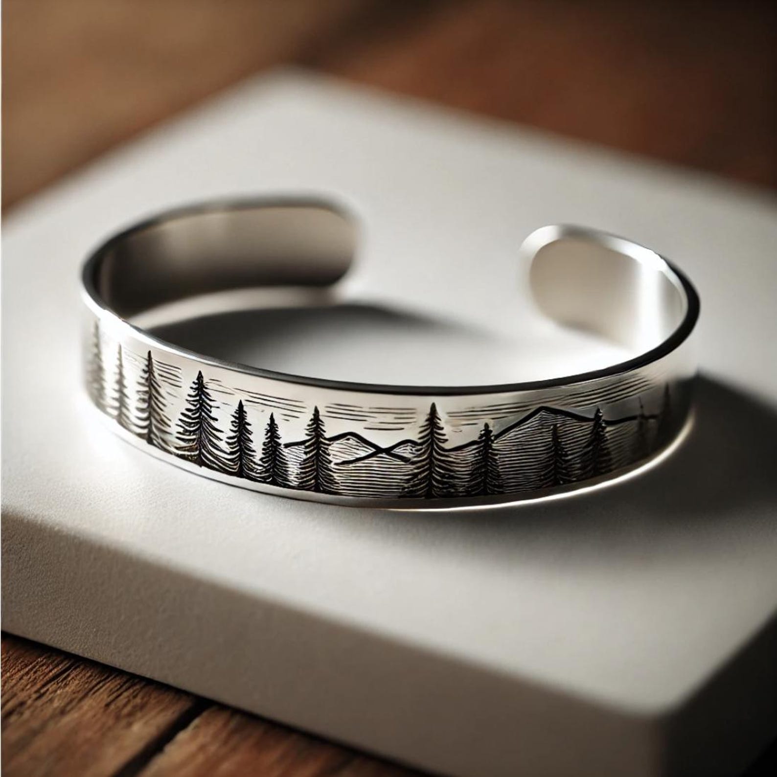 Minimalist Silver Cuff Bracelet – Engraved Evergreen Trees & Mountains ...