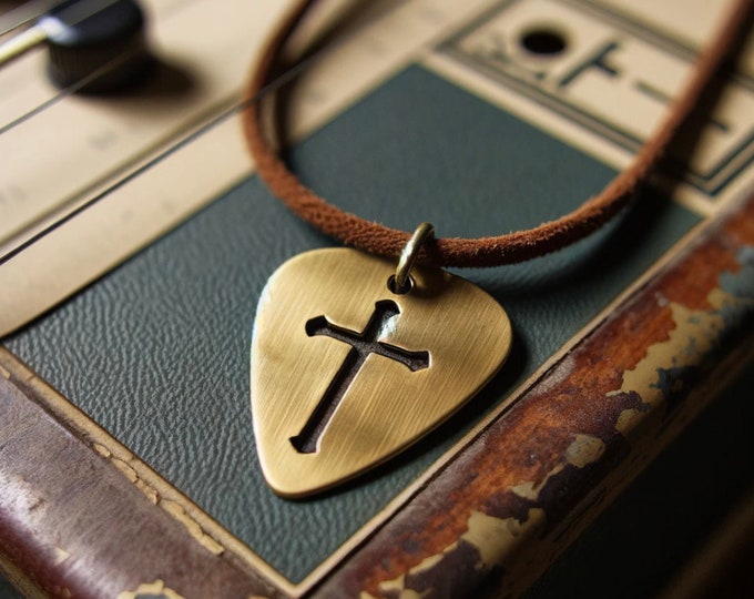 Guitar Pick Necklace - Cross - Music Lovers Gift, Adjustable Leather Cord, Personalized Necklace Gift - Choose Metal