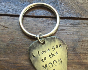 I love you to the moon and back - Antique Distressed Brass Guitar Pick Hand Stamped Personalized Keychain Keyring
