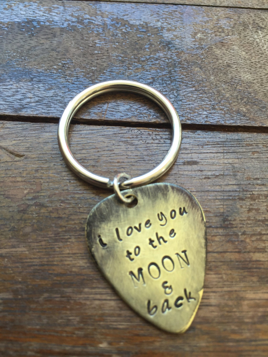 I Love You to The Moon and Back Antique Distressed Brass Guitar Pick Hand Stamped Bracelet Natural Brow