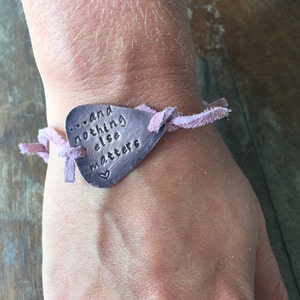 And Nothing Else Matters Heart Antique Distressed Copper Guitar Pick Hand Stamped Bracelet Natural Pink Leather Cord Adjustable 6 image 2