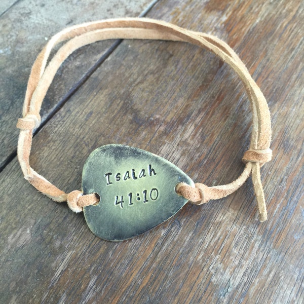 Isaiah 41:10 Bible Scripture Verse - Antique Distressed Brass Guitar Pick Hand Stamped Bracelet Natural Beige Leather Cord Adjustable 6"