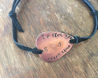 I'd pick you every time - Initials - Heart Distressed Copper Guitar Pick Hand Stamped Bracelet Natural Black Leather Cord Adjustable 6"