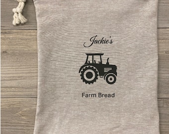 Bread Bag, Beige Linen, Tractor Farm Fresh Bread Bag Homemade Sourdough Bread, Reusable Produce Bag, Food Storage Made USA, Bread Baker Gift