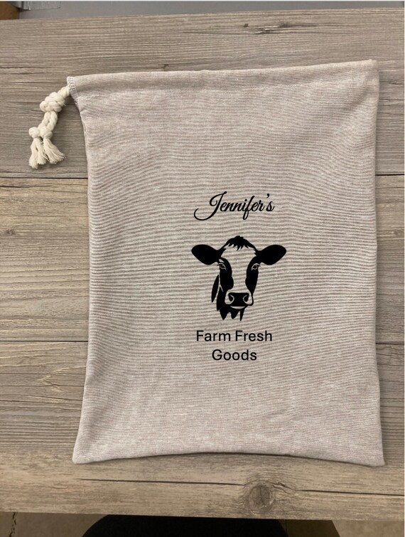 Bread Bag, Beige Linen, Cow Farm Fresh, Bread Bag Homemade Sourdough Bread, Reusable Produce Bag, Food Storage Made USA, Bread Baker Gift