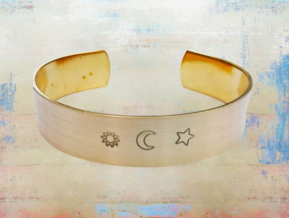 Sun Moon Star Brass Cuff Bracelet Wanderlust Hand Stamped