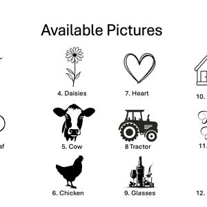 May include: A set of 12 black and white illustrations of various images, including wheat, a bread loaf, a bee, daisies, a cow, a chicken, a heart, a house, a tractor, a cursive "Mrs. Mr." text, glasses, and a baby bottle. The images are numbered 1 through 12.