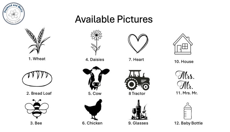 May include: A set of 12 black and white illustrations of various images, including wheat, a bread loaf, a bee, daisies, a cow, a chicken, a heart, a house, a tractor, a cursive "Mrs. Mr." text, glasses, and a baby bottle. The images are numbered 1 through 12.