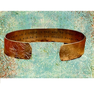 Proverbs 22:6 Train up a child in the way he should go, Even... | Cuff Bracelet Personalized Jewelry Hand Stamped 1/2" Brass Lace Texture
