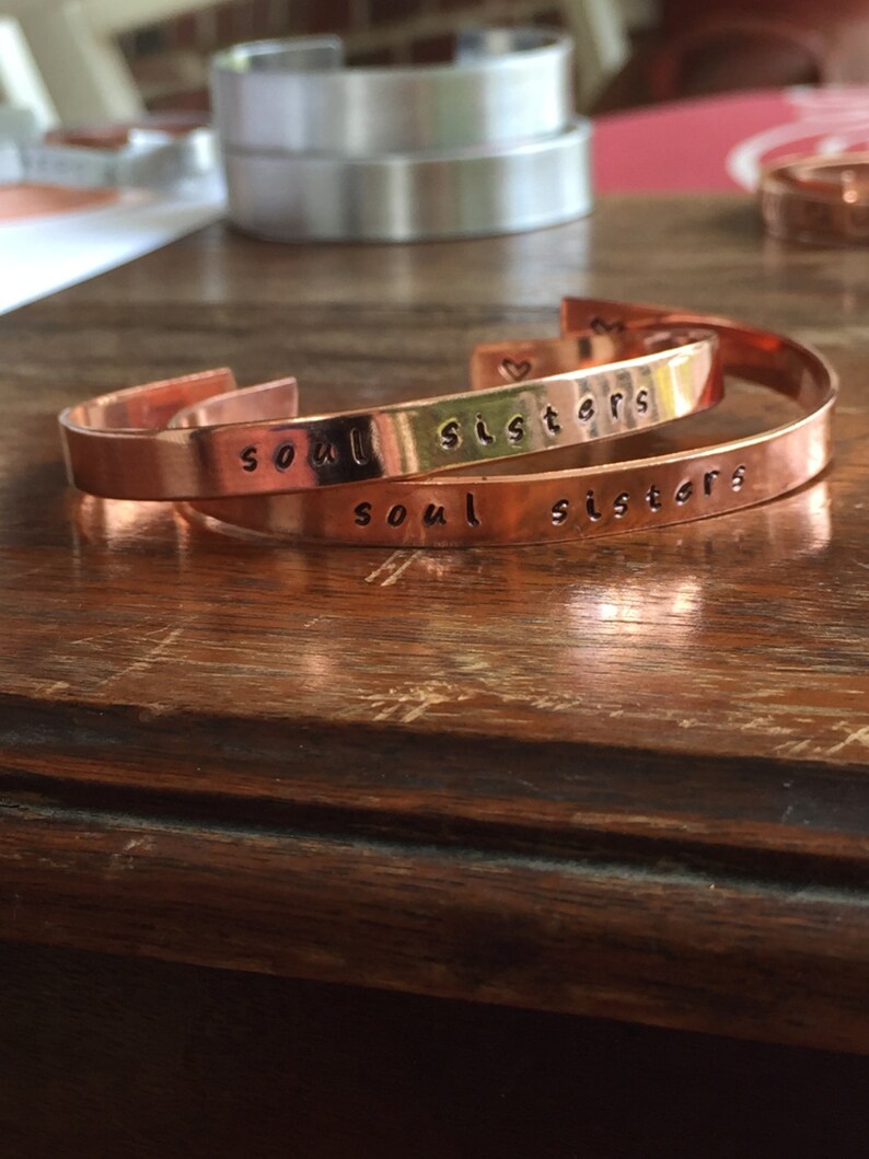 Soul Sisters Matching Set Distressed Cuff Bracelet Personalized Jewelry Hand Stamped 14 Copper Smooth Organic Texture