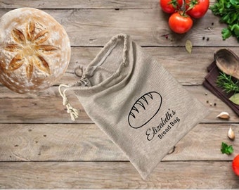 Bread Bag, Beige Linen, Personalized Gift Bread Bag Homemade Sourdough Bread, Reusable Produce Bag, Food Storage Made USA, Bread Baker Gift