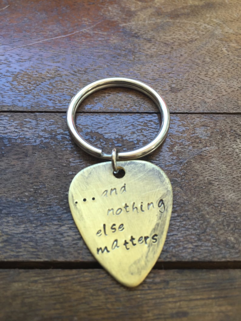 Antique Distressed Brass Guitar Pick Hand Stamped Personalized Keychain Keyring And Nothing Else Matters