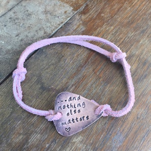 And Nothing Else Matters Heart Antique Distressed Copper Guitar Pick Hand Stamped Bracelet Natural Pink Leather Cord Adjustable 6 image 1