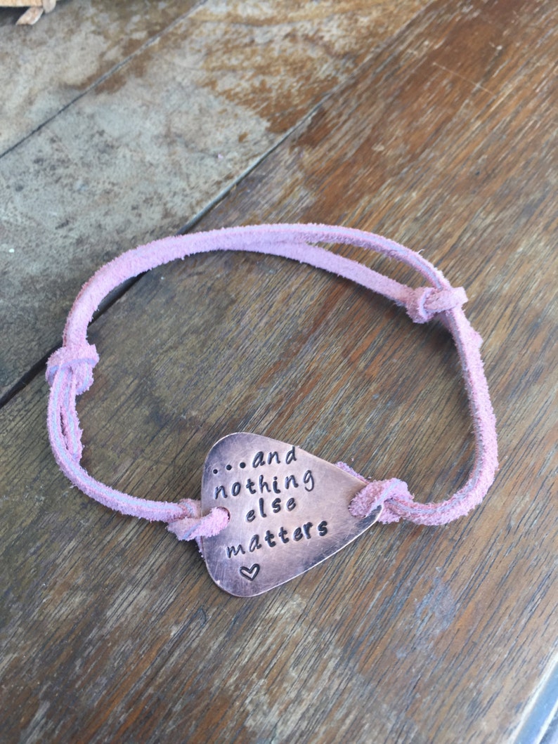 And Nothing Else Matters Heart Antique Distressed Copper Guitar Pick Hand Stamped Bracelet Natural Pink Leather Cord Adjustable 6 image 1