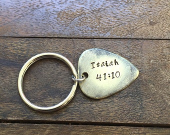 Isaiah 41:10 - Antique Distressed Brass Guitar Pick Hand Stamped Personalized Keychain Keyring