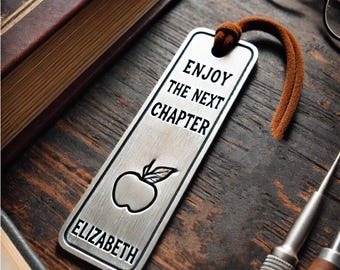 Personalized Nickel Bookmark, Retirement Gift for Teacher, Engraved Enjoy the Next Chapter - Custom Name, Suede Cord, Teacher Appreciation