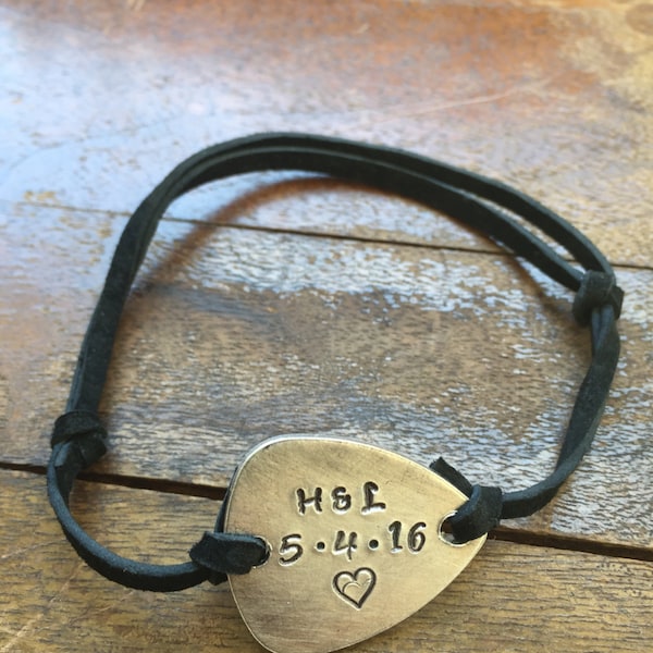 Personalized Date Initials Heart - Antique Distressed Brass Guitar Pick Hand Stamped Bracelet Natural Black Leather Cord Adjustable 6"