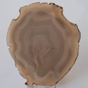 Könnte beinhalten: Eine hellbraune Agatscheibe mit einem wirbelnden Muster aus weißen und grauen Bändern. Der Achat steht auf einem klaren Acrylsockel.