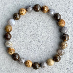 Bracelet homme perles et pierres précieuses : jaspe illustré, agate et bronzite