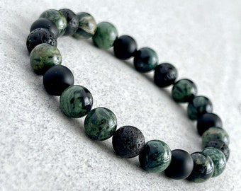 Men's Beaded Bracelet - GREEN CAMO, 6mm, 8mm or 10mm Kambaba Jasper, Matte Onyx and Black Lava Beaded Gemstone Bracelet, Gift for Him, Gifts