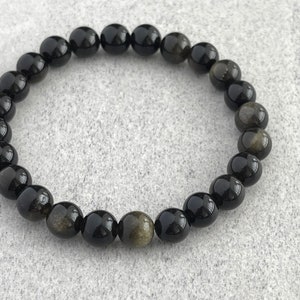 Men's Beaded Bracelet - 8mm or 10mm Golden Black Obsidian Stretch Bracelet, Gemstone Beaded Stretch Bracelet, Gift for Him, Men's Bracelet