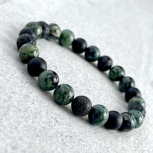 Men's Beaded Bracelet - GREEN CAMO, 6mm, 8mm or 10mm Kambaba Jasper, Matte Onyx and Black Lava Beaded Gemstone Bracelet, Gift for Him, Gifts