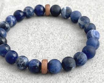 Sodalite Beaded Bracelet with Cheesewood Rondelles: Men's Gemstone Stretch Bracelet