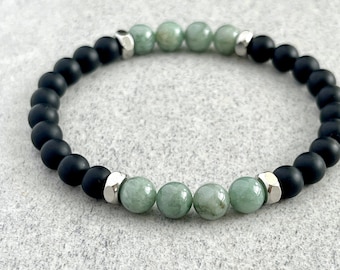 Matte Onyx & Burma Jade Beaded Bracelet with Stainless Steel: Men's Gemstone Stretch Bracelet