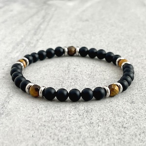 Bracelet de perles pour homme - Bracelet de perles en onyx mat 6 mm avec oeil de tigre jaune, bracelet de perles extensibles avec pierres précieuses, cadeau pour lui, bracelet pour homme