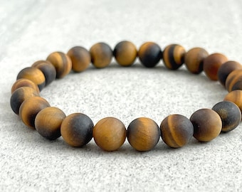 Men's Beaded Bracelet - 6mm, 8mm or 10mm Matte Yellow Tiger Eye Stretch Bracelet, Gemstone Beaded Bracelet, Tiger Eye Bracelet, Gift for Him