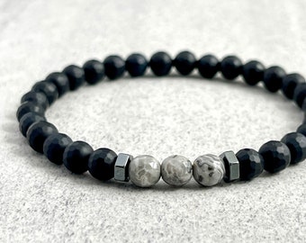 Men's Beaded Bracelet - 6mm Faceted Matte Onyx with Faceted Map Jasper and Hematite, Gemstone Stretch Beaded Bracelet, Gift for Him, Gifts