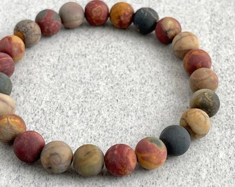 Matte Picasso Jasper Beaded Bracelet - Grounding Gemstone Stretch Bracelet, Men's Minimalist Jewelry