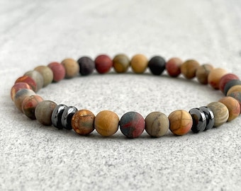 Matte Picasso Jasper Beaded Bracelet with Black Hematite: Men's Gemstone Stretch Bracelet